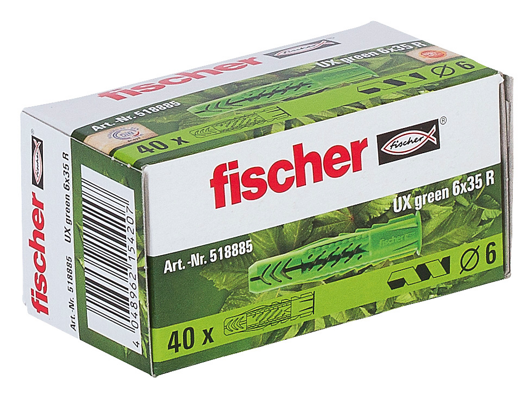 Fischer universal nylondybel UX 6x35 R Green, mindst 50% bæredygtigt mat. - pk a 40stk