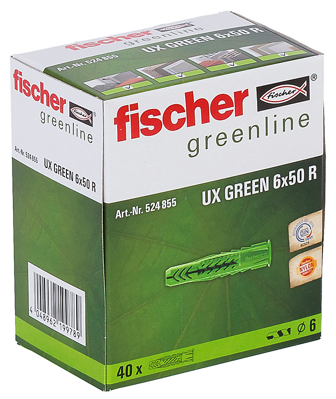 Fischer universal nylondybel UX 6x50 R Green, mindst 50% bæredygtigt mat. - pk a 40stk