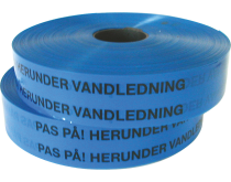 Markeringsbånd blå, 50 mm. Rulle a 500 mtr. ''PAS PÅ! HERUNDER VANDLEDNING'' - Markering, afmærkning
